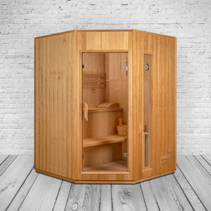 Luxus finnische Sauna / Ecksauna mit Harvia Saunaofen Eck-Ausführung für 3 Personen