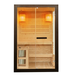 Finnische Sauna für 2 Personen aus Fichten-Holz mit Harvia Ofen (3,5 kW) für ultimativen Wohlfühlfaktor Ansicht von vorne