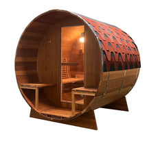 Laden Sie das Bild in den Galerie-Viewer, Fasssauna f. 4 Personen mit Außenbank aus Thermo-Fichtenholz - Außenmaß (BxHxT): ca. 180x180x188 cm - inkl. 4,5 kW Harvia Ofen (Lieferbar ab Mitte September 2023)