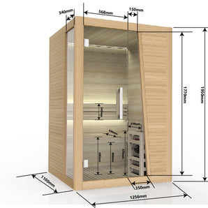 Natürliche Eleganz: Finnische Sauna für 2 Personen aus Hemlock-Holz mit Harvia Ofen (3 kW) für ultimativen Wohlfühlfaktor Abmessungen