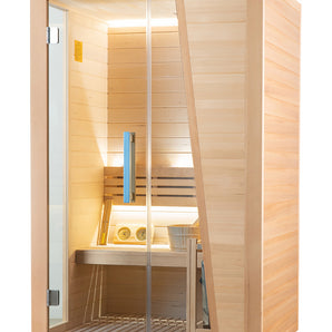 Natürliche Eleganz: Finnische Sauna für 2 Personen aus Hemlock-Holz mit Harvia Ofen (3 kW) für ultimativen Wohlfühlfaktor