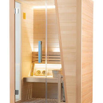 Natürliche Eleganz: Finnische Sauna für 2 Personen aus Hemlock-Holz mit Harvia Ofen (3 kW) für ultimativen Wohlfühlfaktor