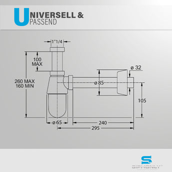Design Flaschensiphon für Waschtische 5/4"- 32 mm aus verchromtem ABS-Kunststoff  | Verlängerter Wandrohr 250 mm