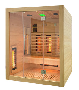 Infrarotkabine 150x120x190 cm für 2-3 Personen aus Hemlock Holz mit 6 Vollspektrumstrahler (3 Heizstrahler regelbar) + 1 Carbon-Magnesium Heizplatte