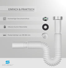 Laden Sie das Bild in den Galerie-Viewer, Design Ablaufgarnitur inkl. flexiblem Siphon 1 1/4&quot; und Gummi-Manschette Ø 30/40/50 | Ablaufschlauch für Waschbecken inkl. Push-Open Ventil