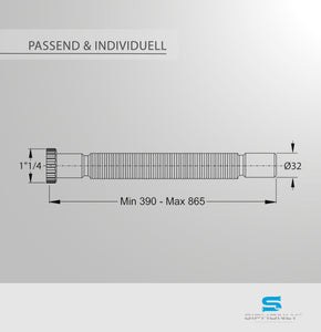 Design Ablaufgarnitur inkl. flexiblem Siphon 1 1/4" und Gummi-Manschette Ø 30/40/50 | Ablaufschlauch für Waschbecken inkl. Push-Open Ventil