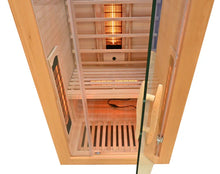 Laden Sie das Bild in den Galerie-Viewer, Infrarotkabine 90 x 90 x 190 cm für 1 Person aus Hemlock Holz mit 4 Vollspektrumstrahler + 1 Carbon Magnesium Heizplatte