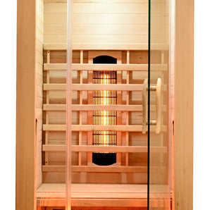 Infrarotkabine 90 x 90 x 190 cm für 1 Person aus Hemlock Holz mit 4 Vollspektrumstrahler + 1 Carbon Magnesium Heizplatte