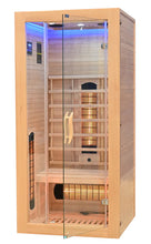 Laden Sie das Bild in den Galerie-Viewer, Infrarotkabine 90 x 90 x 190 cm für 1 Person aus Hemlock Holz mit 4 Vollspektrumstrahler + 1 Carbon Magnesium Heizplatte