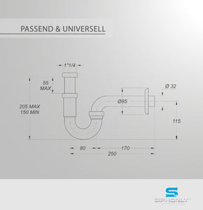 Universal Ablaufgarnitur für Waschbecken 5/4"- Ø 32 m | Design Röhrensiphon aus Edelstahl